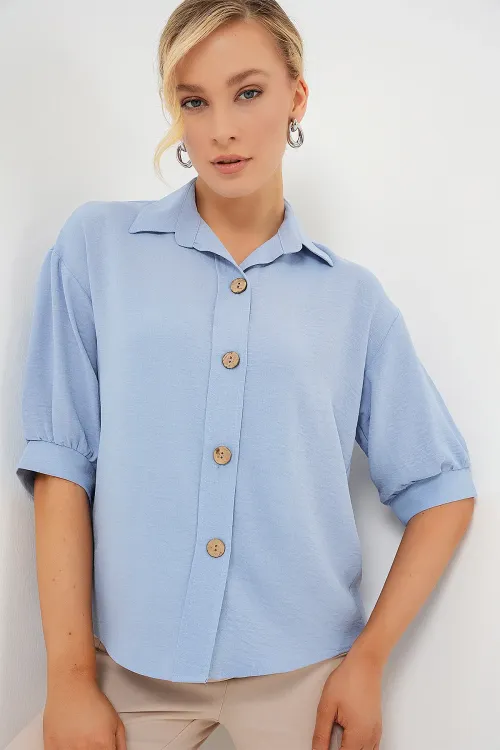 Kısa Kol Oversize Keten Gömlek 20240 - B.Mavi