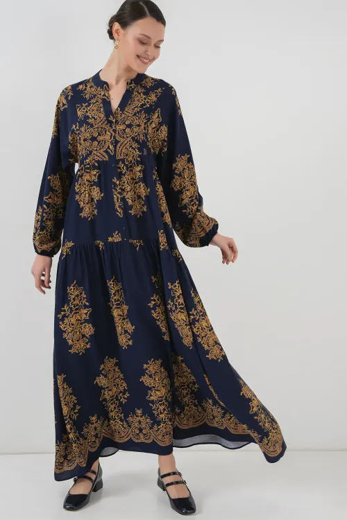 Lacivert Gold Desenli Tesettür Elbise 2423