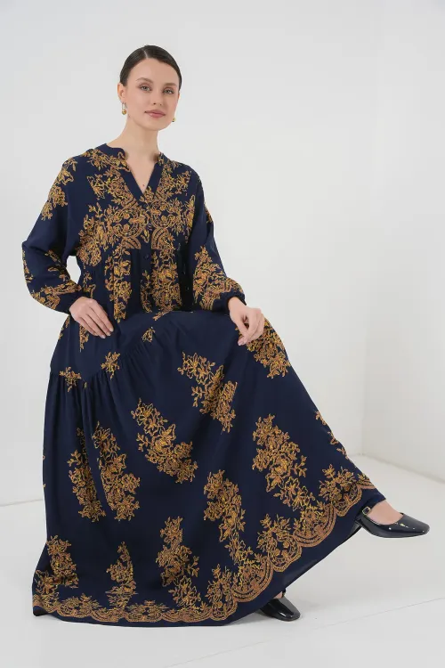 Lacivert Gold Desenli Tesettür Elbise 2423