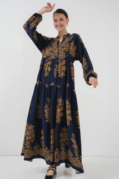 Lacivert Gold Desenli Tesettür Elbise 2423