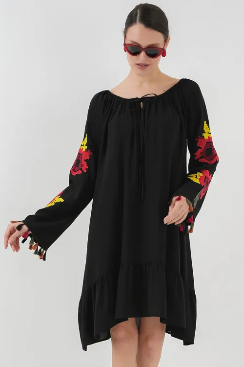 Nakışlı Midi Elbise 2531 - Siyah