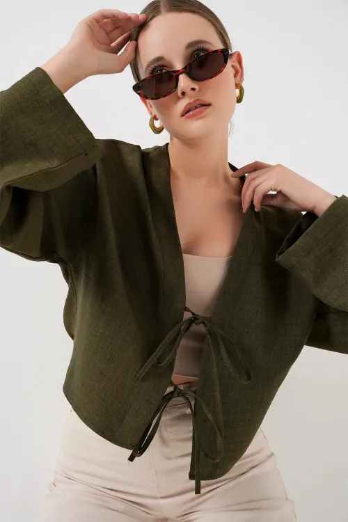 Önü Bağlamalı Keten Kimono 960 - Haki