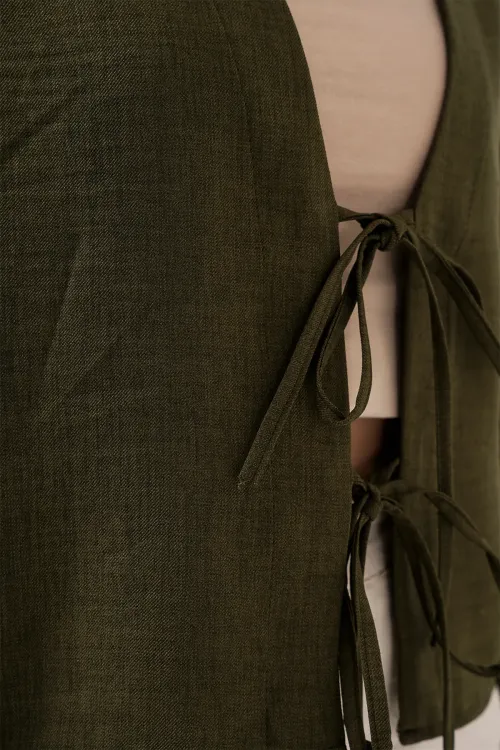 Önü Bağlamalı Keten Kimono 960 - Haki
