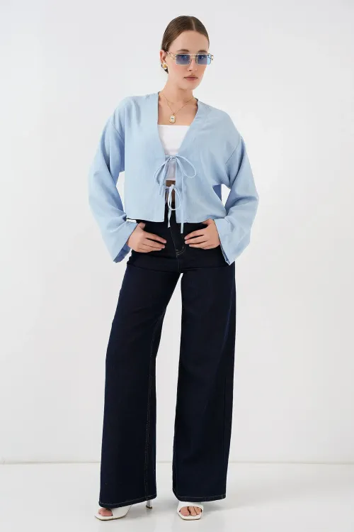 Önü Bağlamalı Keten Kimono 960 - Mavi