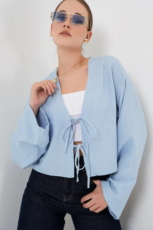 Önü Bağlamalı Keten Kimono 960 - Mavi