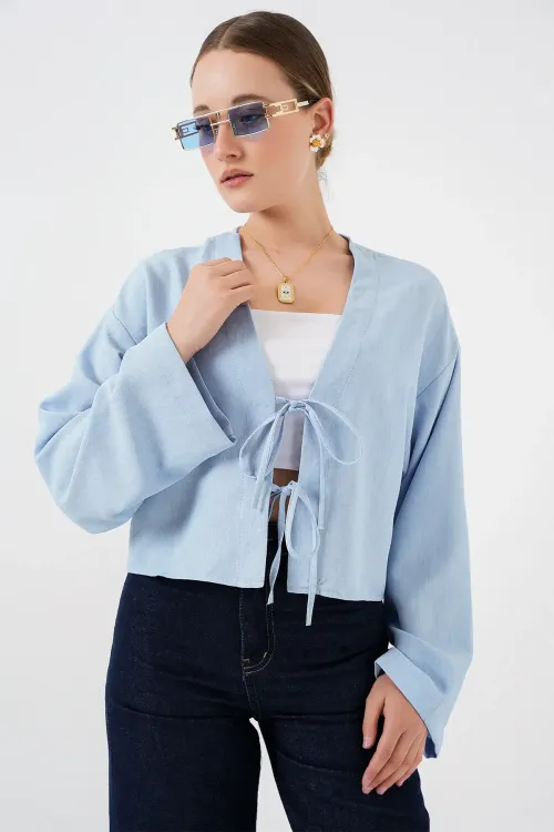Önü Bağlamalı Keten Kimono 960 - Mavi