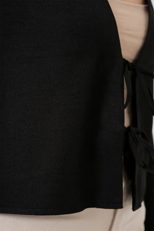 Önü Bağlamalı Keten Kimono 960 - Siyah