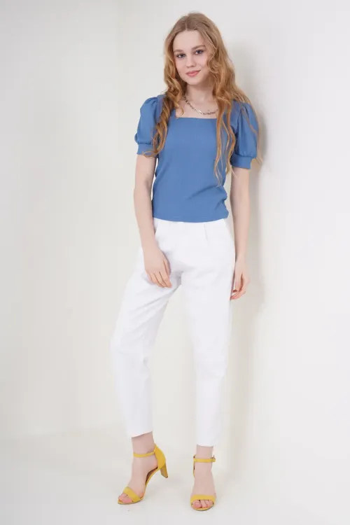 0409 Kare Yaka Örme Bluz - İndigo