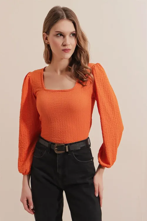 0442 Uzun Kollu Bluz - Turuncu