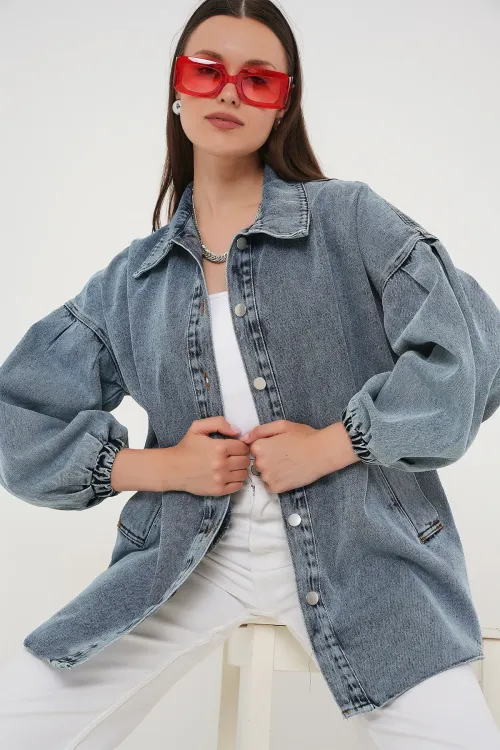 0662 Denim Balon Kollu Kot Ceket - Mavi