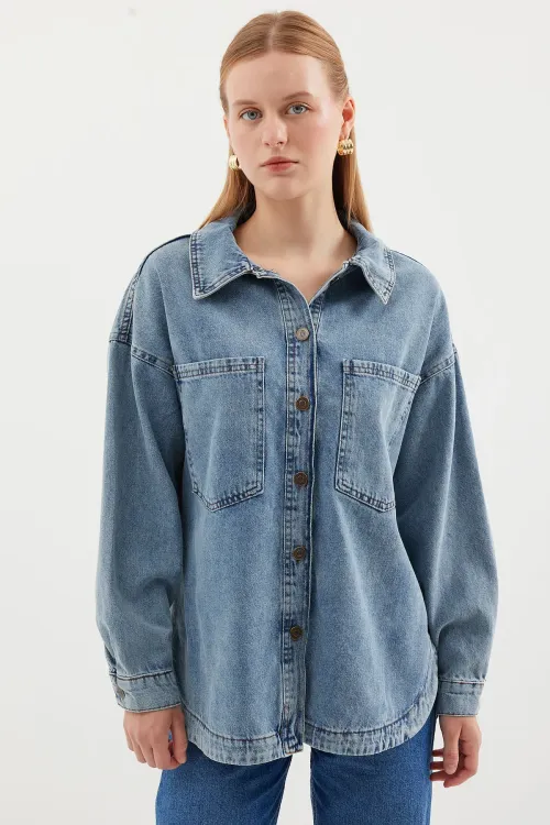 0694 Çift Cepli Oversize Denim Ceket - Buz Mavi