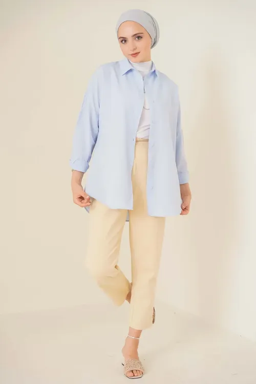 103901 Oversize Basic Tesettür Gömlek - Açık Mavi