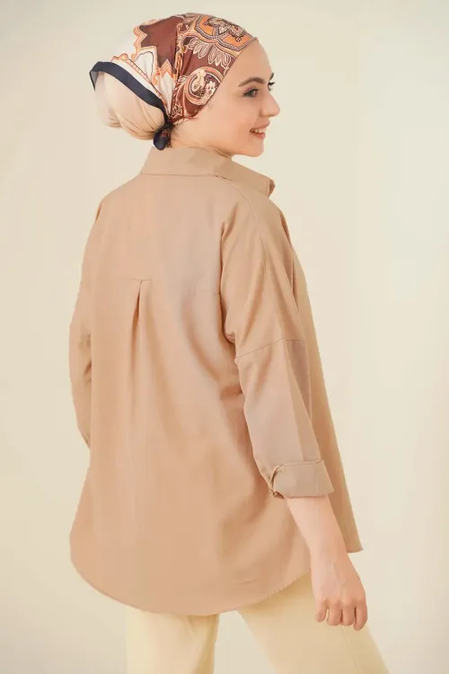 103901 Oversize Basic Tesettür Gömlek - Camel
