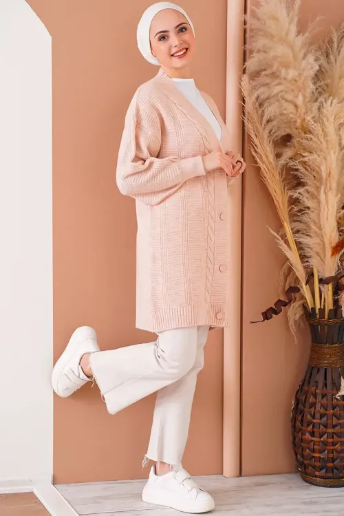15768 Tesettür Triko Hırka - Pudra