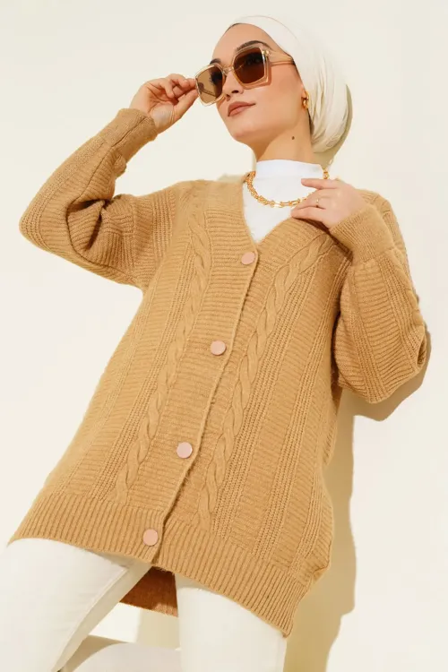 15768 Tesettür Triko Hırka - Vizon