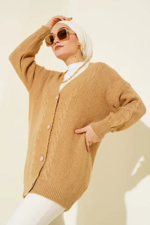 15768 Tesettür Triko Hırka - Vizon