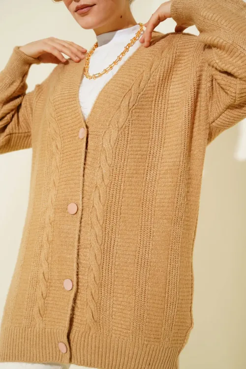 15768 Tesettür Triko Hırka - Vizon