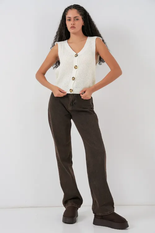 15881 Düğmeli Kısa Triko Yelek - Ekru