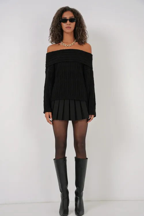 15908 Kadın Açık Omuz Oversize Triko Kazak - Siyah