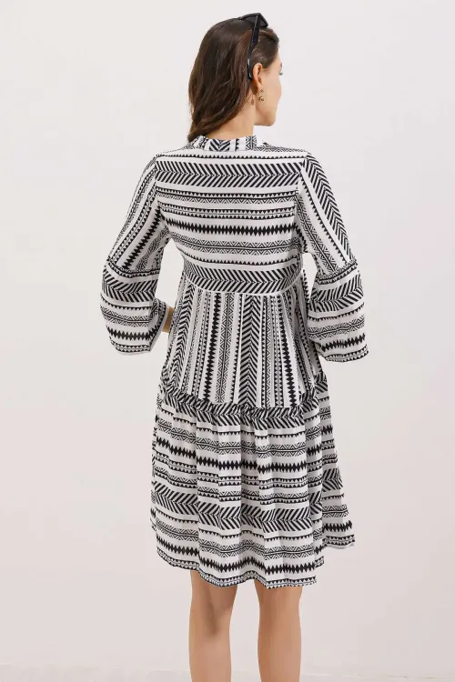 1975 ETNİK DESEN ELBİSE - Siyah