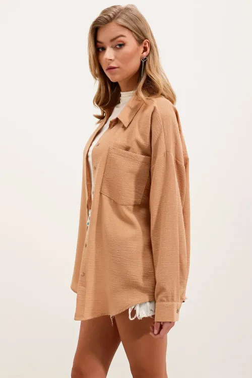20153 Tek Cepli Oversize Keten Gömlek - Bisküvi