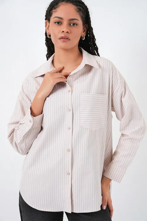 20205 Çizgili Oversize Gömlek - Krem