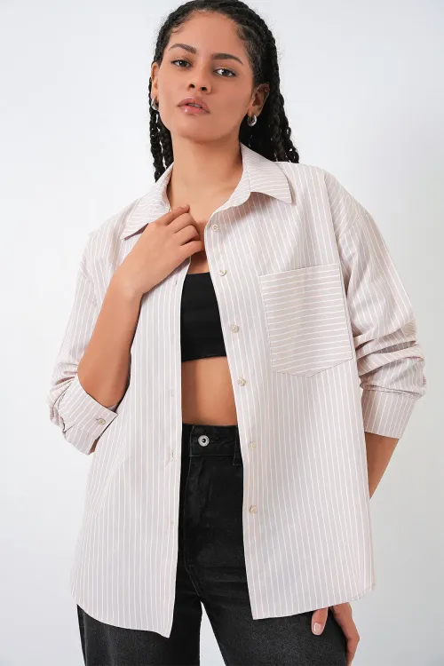 20205 Çizgili Oversize Gömlek - Krem