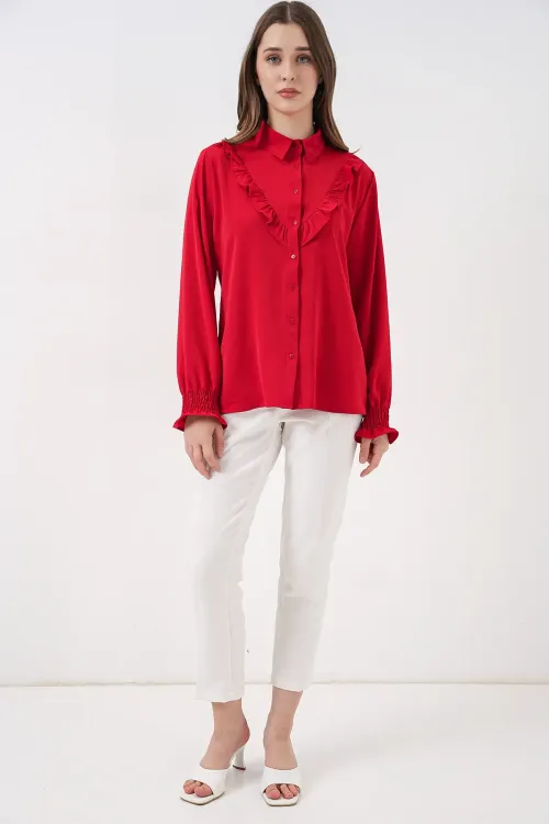 20223 Fırfırlı Uzun Kol Gömlek - Kırmızı
