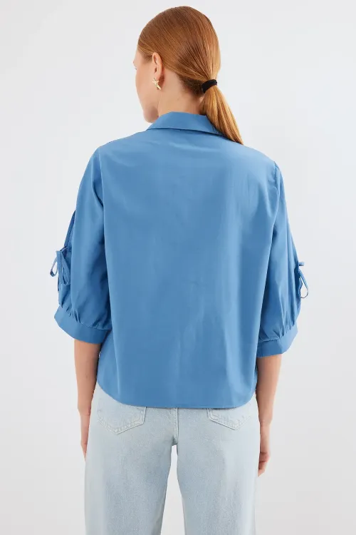 20246 Kol Detaylı Crop Gömlek - İndigo