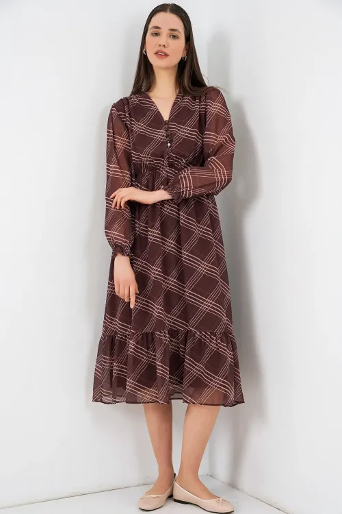 2137 Desenli Şifon Elbise - A.Kahve
