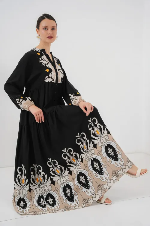 2423 Otantik Desenli Tesettür Elbise - Siyah 6
