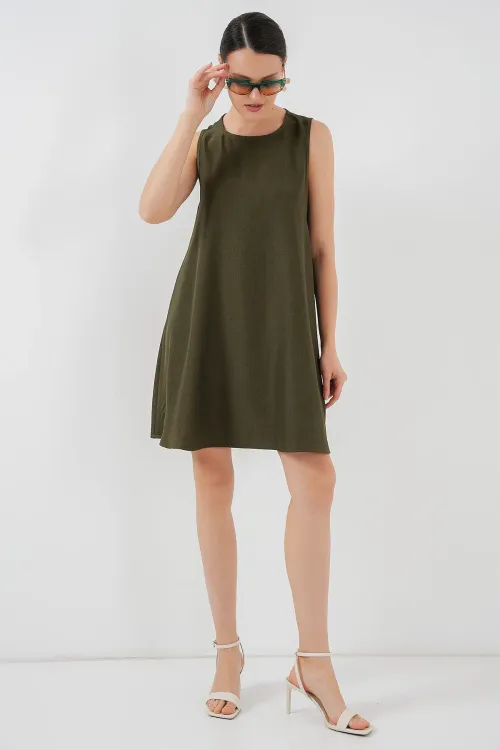 2444 Mini Keten Elbise - Haki