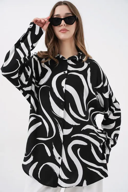 3721 Grafik Desenli Gömlek - F. Siyah