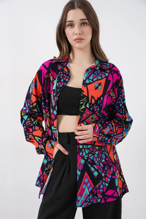 3721 Grafik Desenli Gömlek - Fuşya