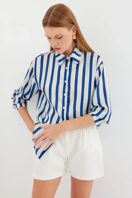 3964 Hafif Dökümlü Saten Gömlek - B.Lacivert