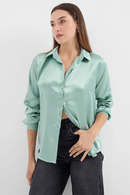 3964 Hafif Dökümlü Saten Gömlek - Çağla