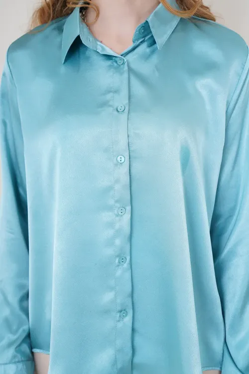 3964 Hafif Dökümlü Saten Gömlek - Mint