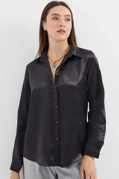 3964 Hafif Dökümlü Saten Gömlek - Siyah