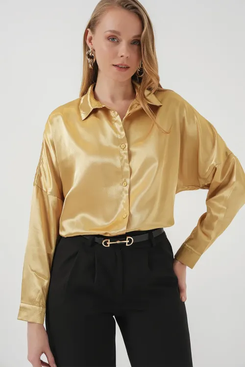 3985 Oversize Saten Gömlek - Altın Sarısı