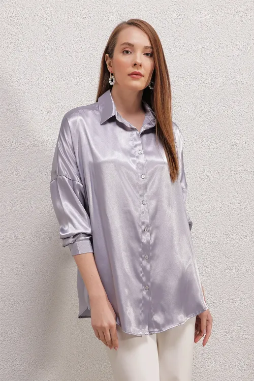 3985 Oversize Saten Gömlek - Lila