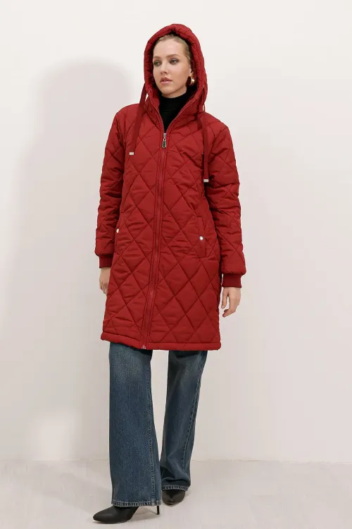 5138 Kapitone Uzun Şişme Mont - Bordo