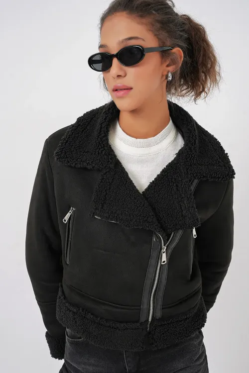 5155 Kruvaze Yaka Suni Kürklü Deri Mont - Siyah