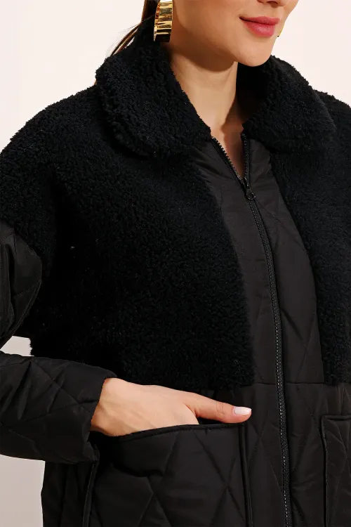 5182 Peluş Detaylı Oversize Şişme Mont - Siyah