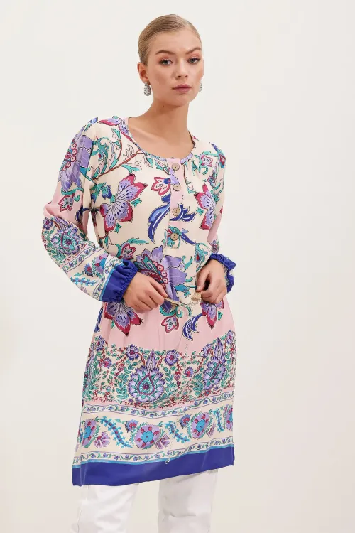 5902 Kemerli Desenli Elbise - Mor
