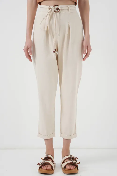 6660 Kemerli Keten Pantolon - Krem