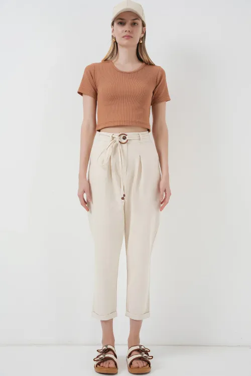 6660 Kemerli Keten Pantolon - Krem