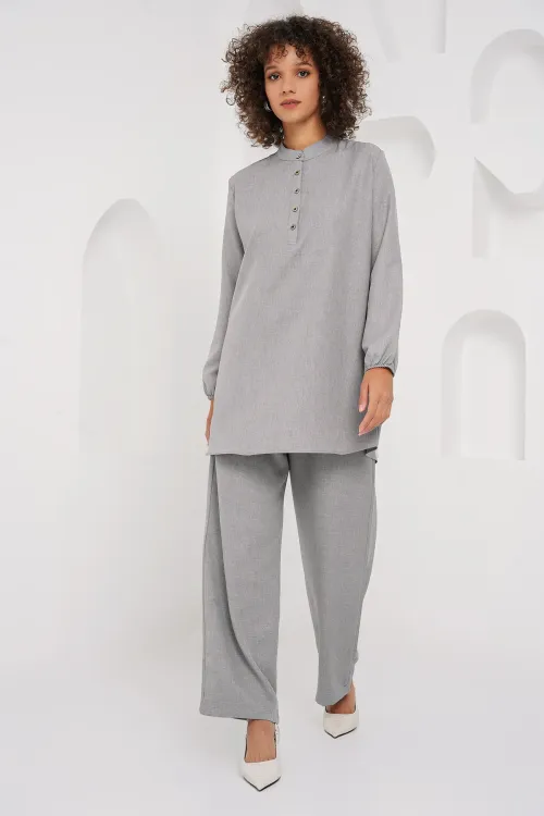 6678 Keten Tunik Pantolon İkili Takım - Gri
