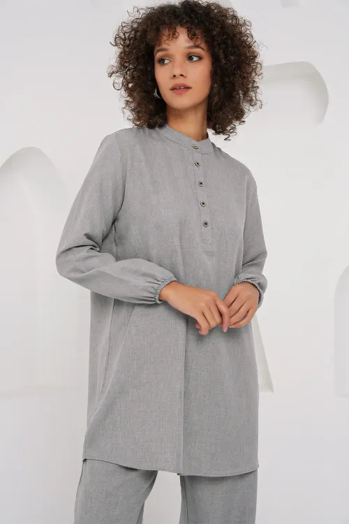 6678 Keten Tunik Pantolon İkili Takım - Gri