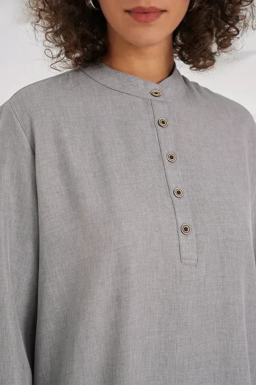 6678 Keten Tunik Pantolon İkili Takım - Gri
