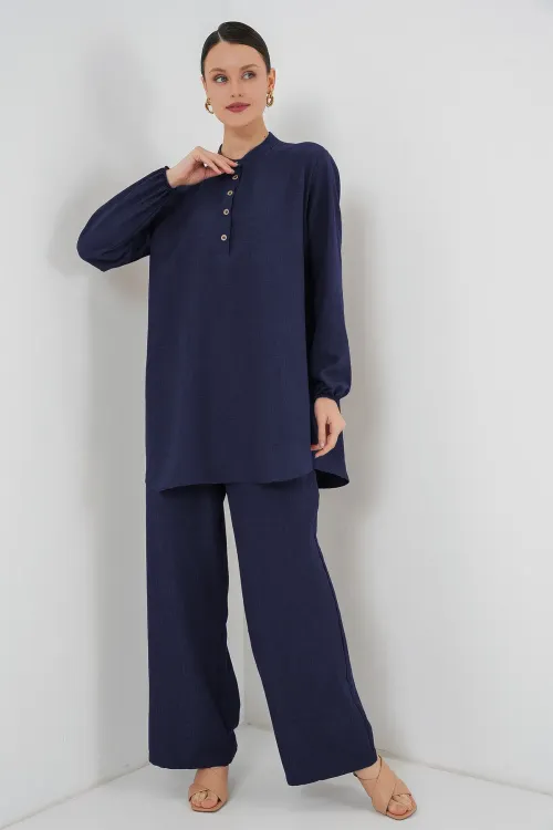 6678 Keten Tunik Pantolon İkili Takım - Lacivert
